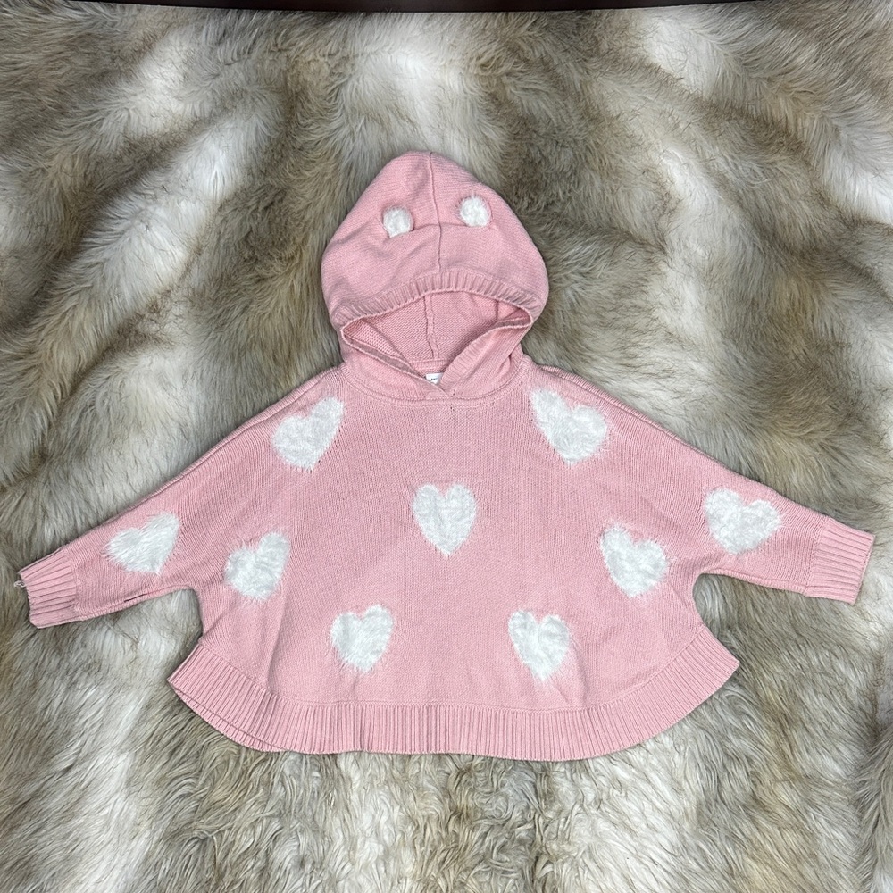Gap Kids Pink Heart Hooded Poncho Sweater with Ears – Size 5